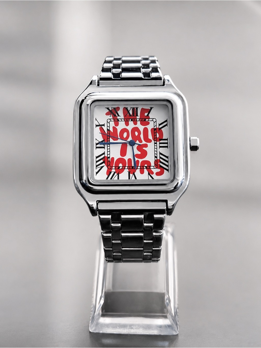 Silver Square Graffiti Dial Watch – “The World Is Yours” Statement Style